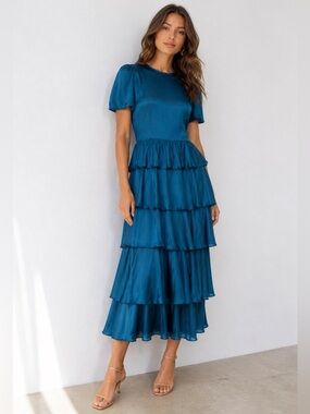 RHODE Lagoon Blue Wedding Guest Midi Dress XS NWT